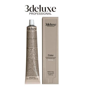 BETICOLOR | Venta de productos de peluquería y estética al profesional 59 Tubo metálico y estuche beige de crema colorante profesional para cabello, con logotipo deluxe professional y presentación elegante de alta calidad como producto para uso en salones.