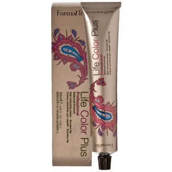 BETICOLOR | Venta de productos de peluquería y estética al profesional 63 Tubo y caja de tinte capilar Life Color Plus de Farmavita con acabado dorado y motivos paisley en rosa y azul, presentación profesional de crema colorante, mejor precio.