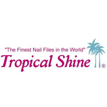BETICOLOR | Venta de productos de peluquería y estética al profesional 71 Logotipo con el nombre 'Tropical Shine' en rosa, lema en inglés sobre limas de uñas y una palmera azul que comunica productos de manicura de alta calidad.