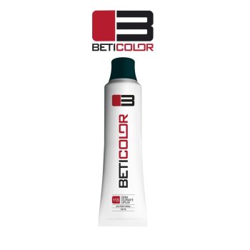 BETICOLOR | Venta de productos de peluquería y estética al profesional 61 Envase en forma de tubo blanco con tapa verde oscuro y logotipo rojo y negro de Beticolor, diseño vertical que indica crema colorante capilar para uso profesional.